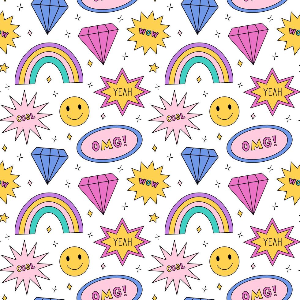 Bright seamless pattern in the style of the 90s. Colorful rainbows, diamonds, smile, speech bubbles and stars with words - cool, wow, yeah, omg. Nostalgia for the 1990s. Funny print. vector