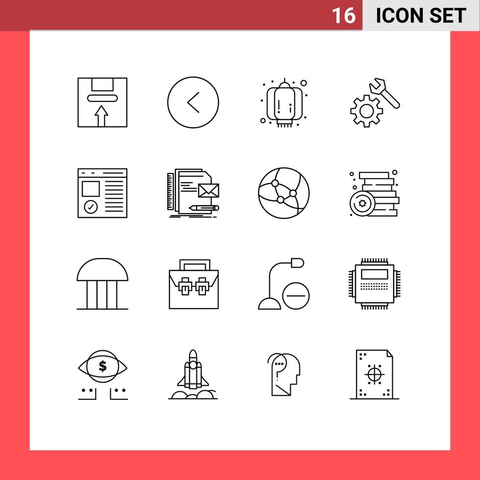 Modern Set of 16 Outlines Pictograph of develop browser china gear setting Editable Vector Design Elements