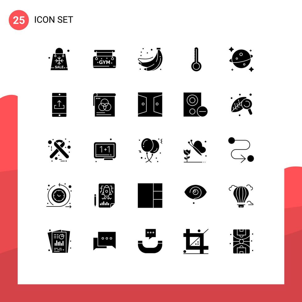 Editable Vector Line Pack of 25 Simple Solid Glyphs of space planet bananas weather temperature Editable Vector Design Elements