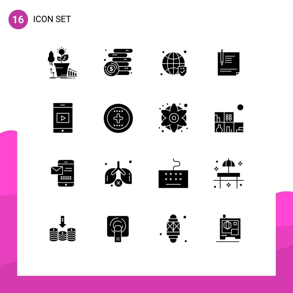 Group of 16 Modern Solid Glyphs Set for paper file coins document verified Editable Vector Design Elements