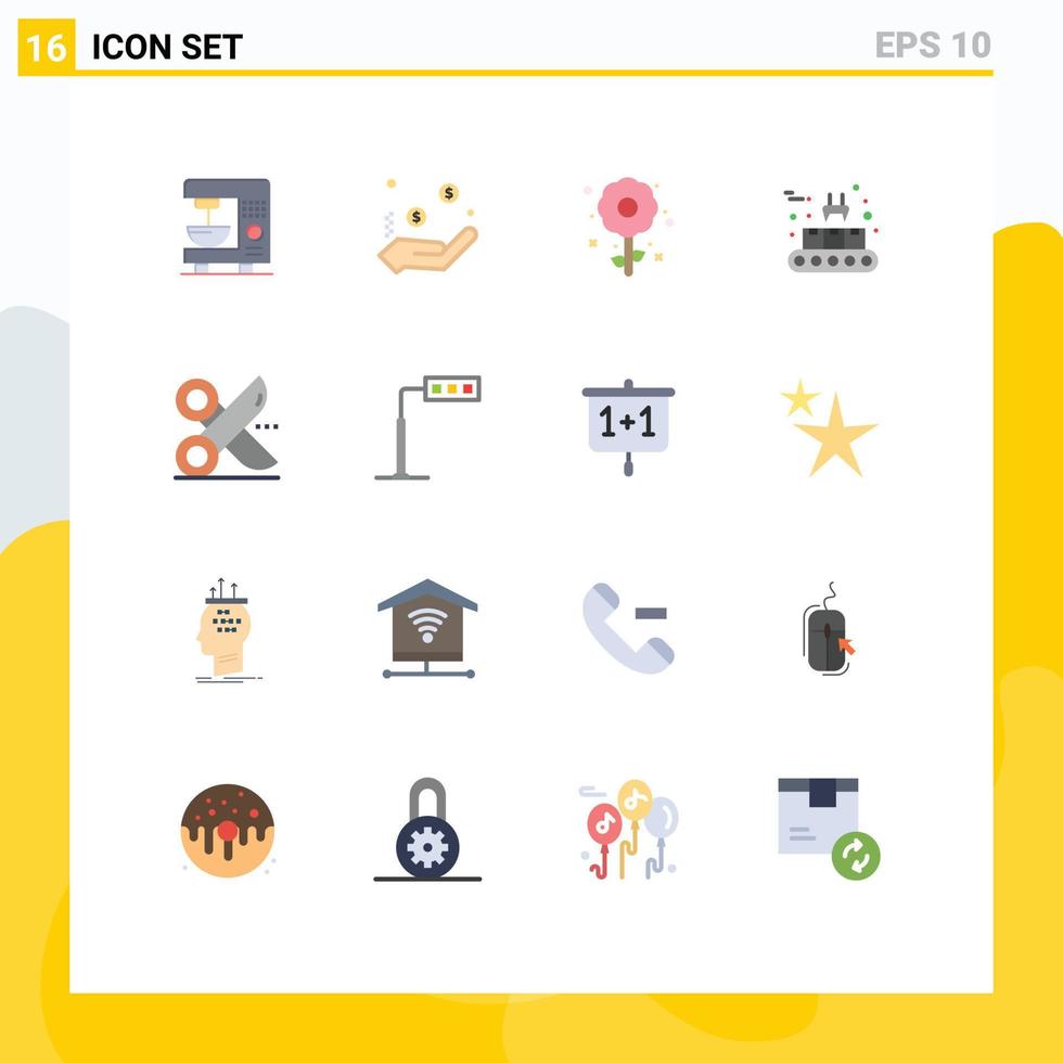 Modern Set of 16 Flat Colors Pictograph of cutting production line flower production conveyor Editable Pack of Creative Vector Design Elements