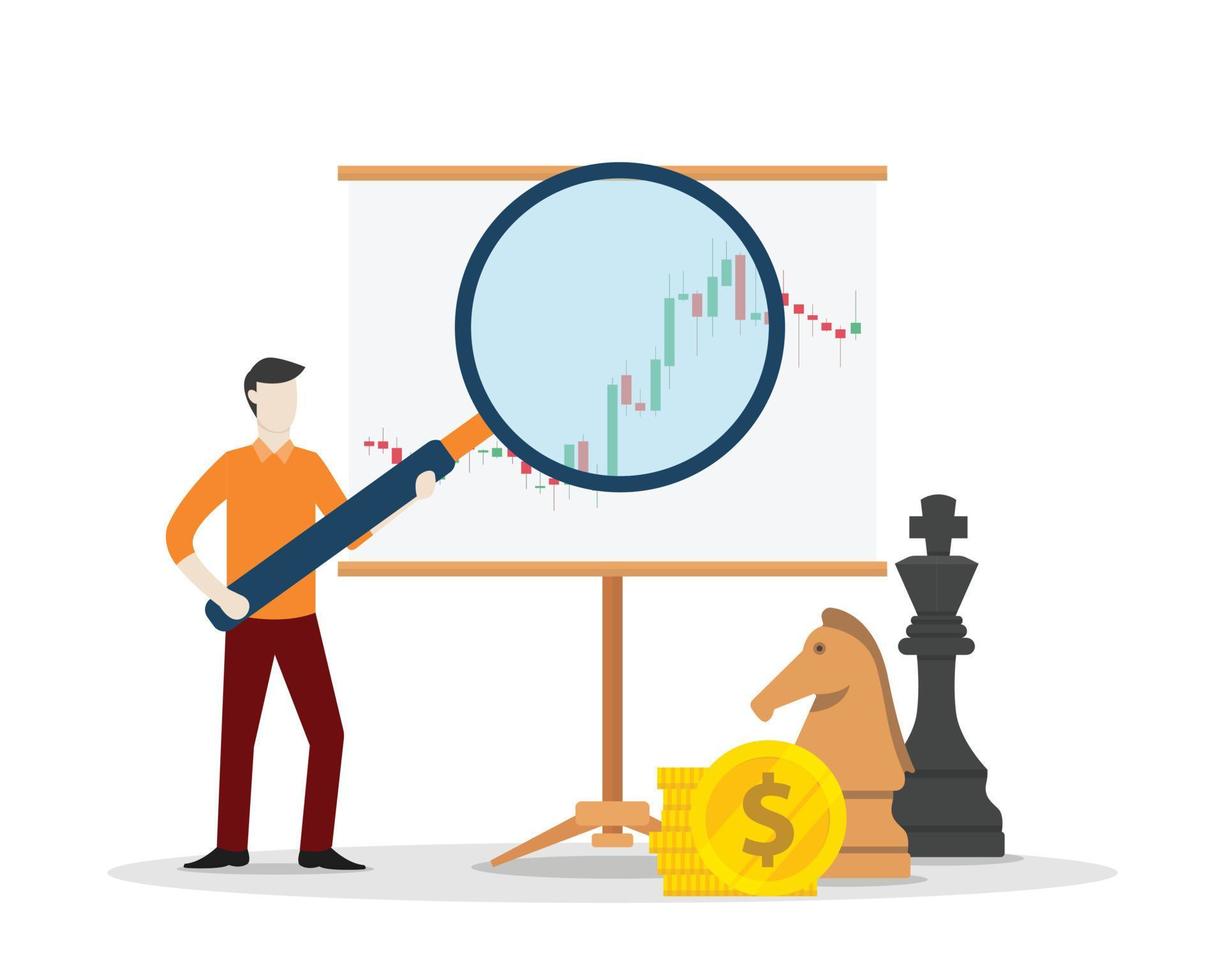 technical analysis concept with man hold magnifying zoom tools with candle stick learning vector