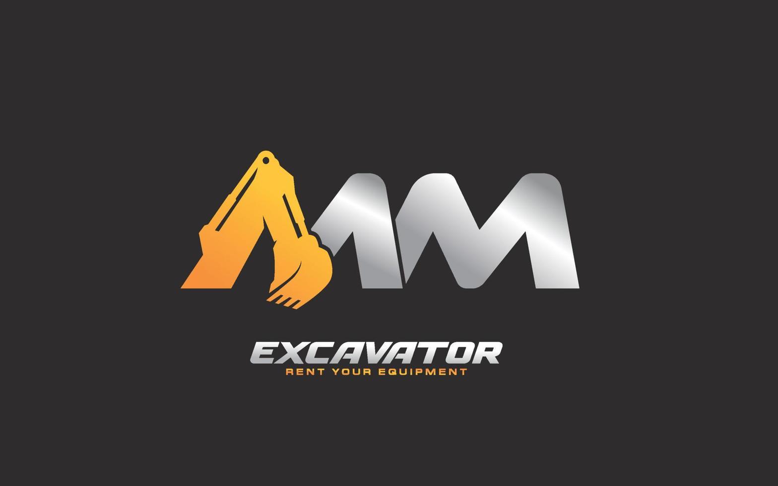 MM logo excavator for construction company. Heavy equipment template vector illustration for your brand.