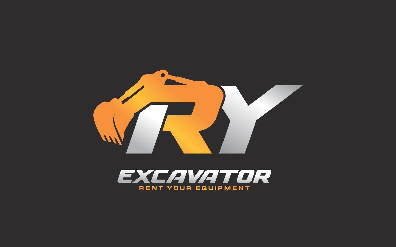 RY logo excavator for construction company. Heavy equipment template vector illustration for your brand.