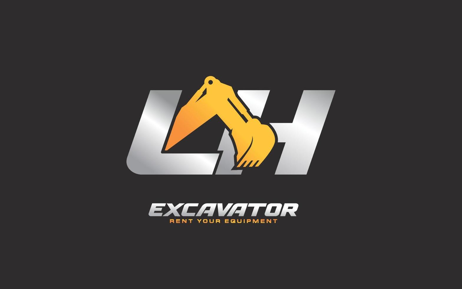 Excavadora de logotipo lh para empresa constructora. ilustración de vector de plantilla de equipo pesado para su marca.
