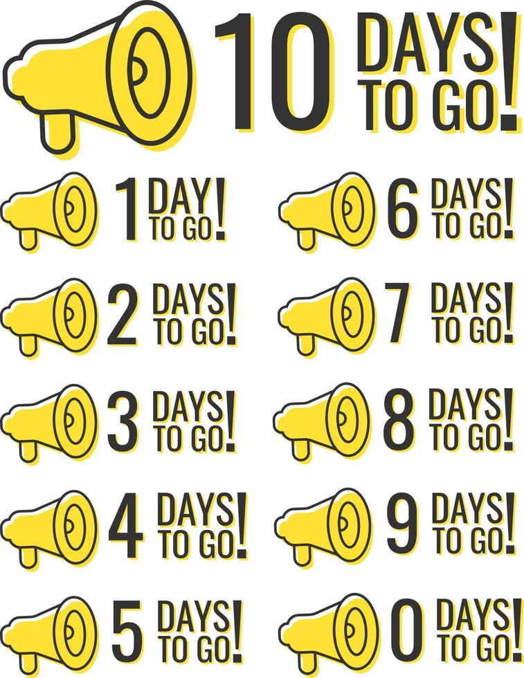 Number 1, 2, 3, 4, 5, 6, 7, 8, 9, 10, of days left to go. Collection badges with megaphone sale, landing page, banner. vector