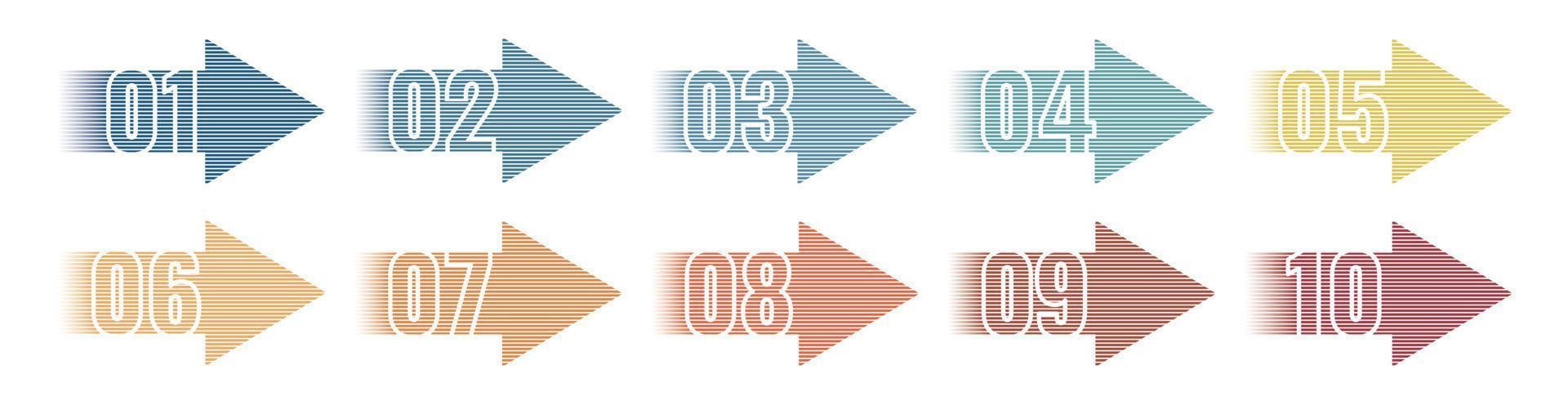 viñetas de información gráfica numérica 1 a 10 vector, números de forma de flecha, números infográficos de flecha vector