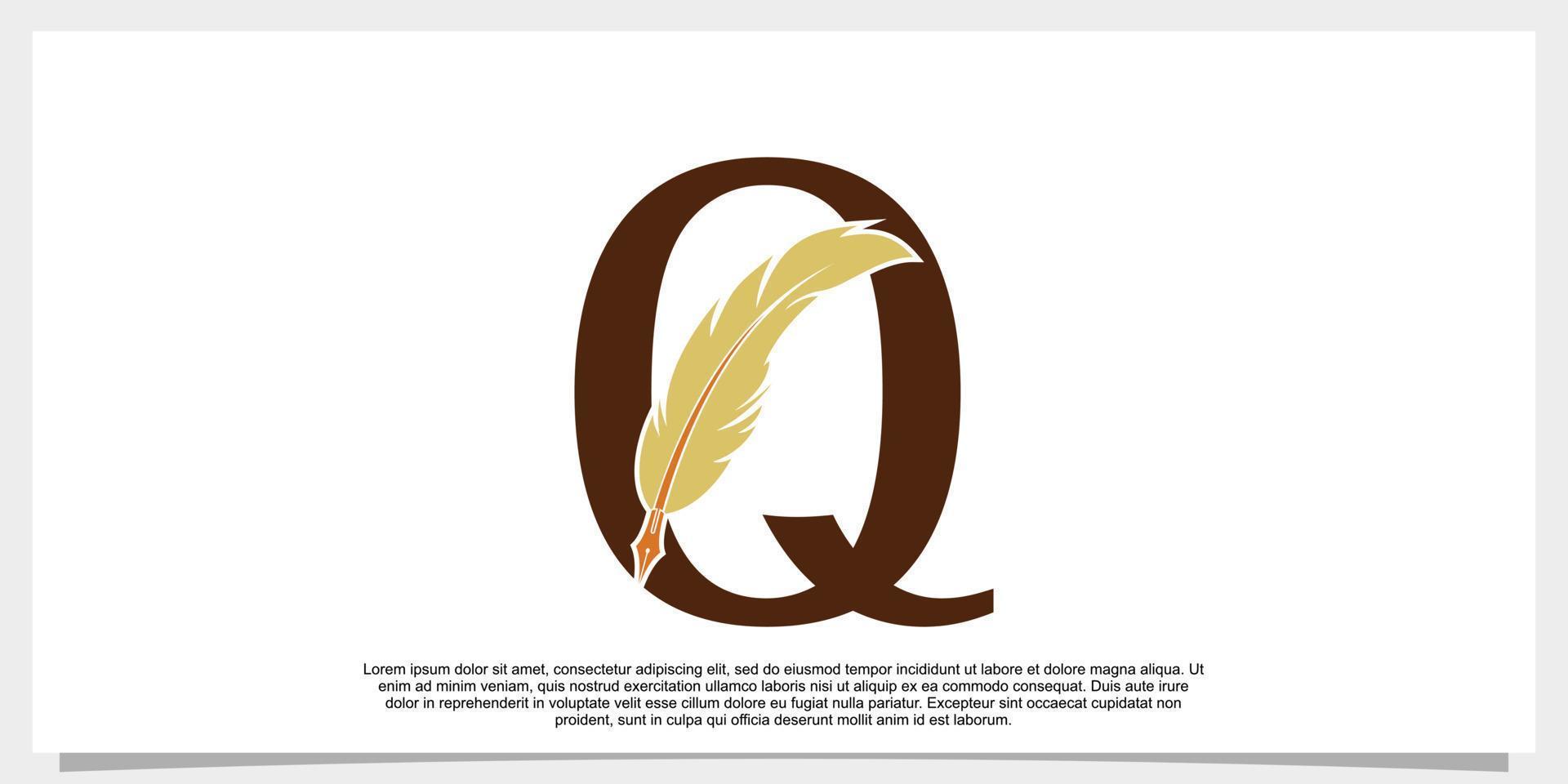 letter q feather logo design with feather pen icon concept vector