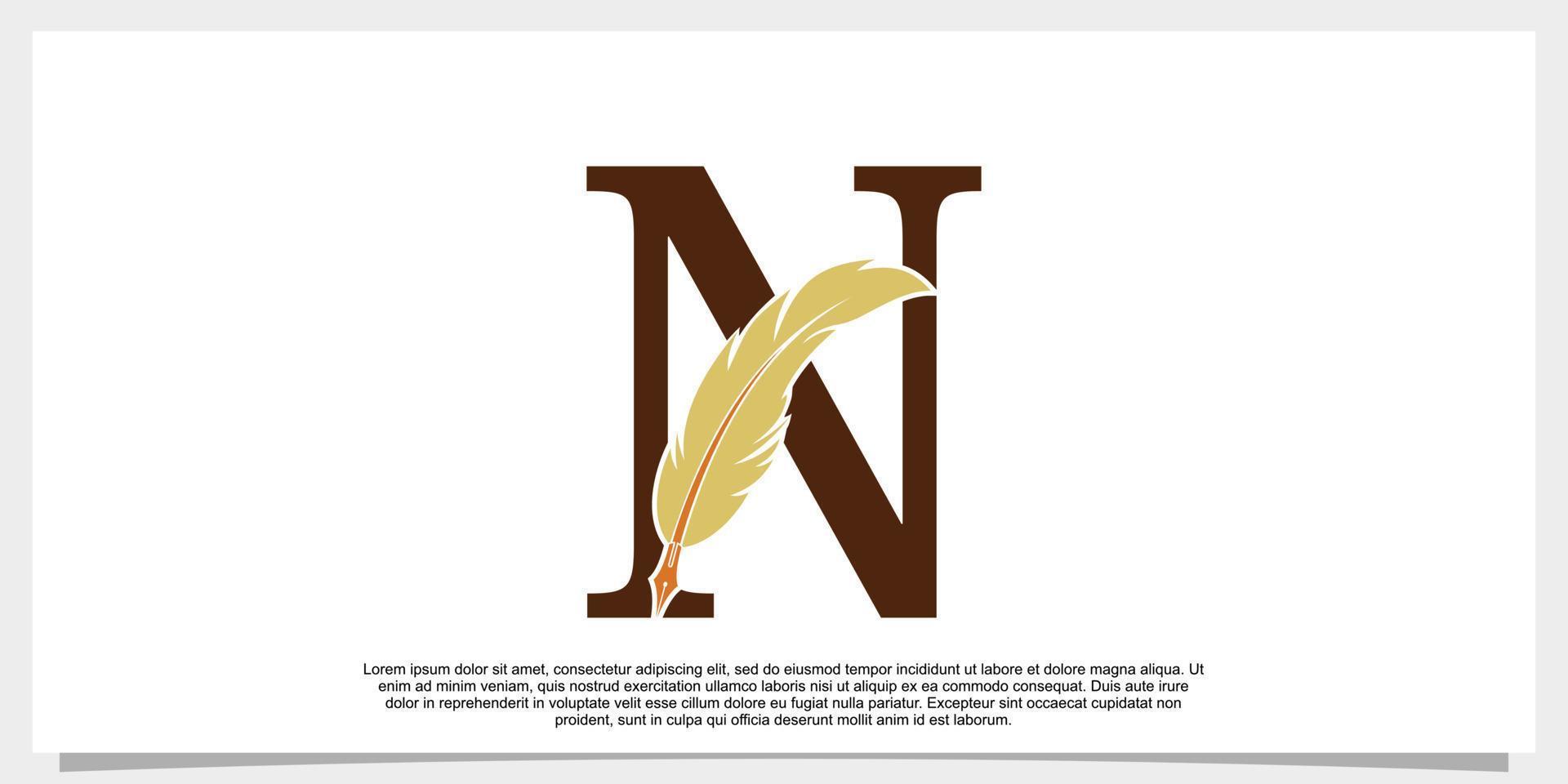 letter n feather logo design with feather pen icon concept vector