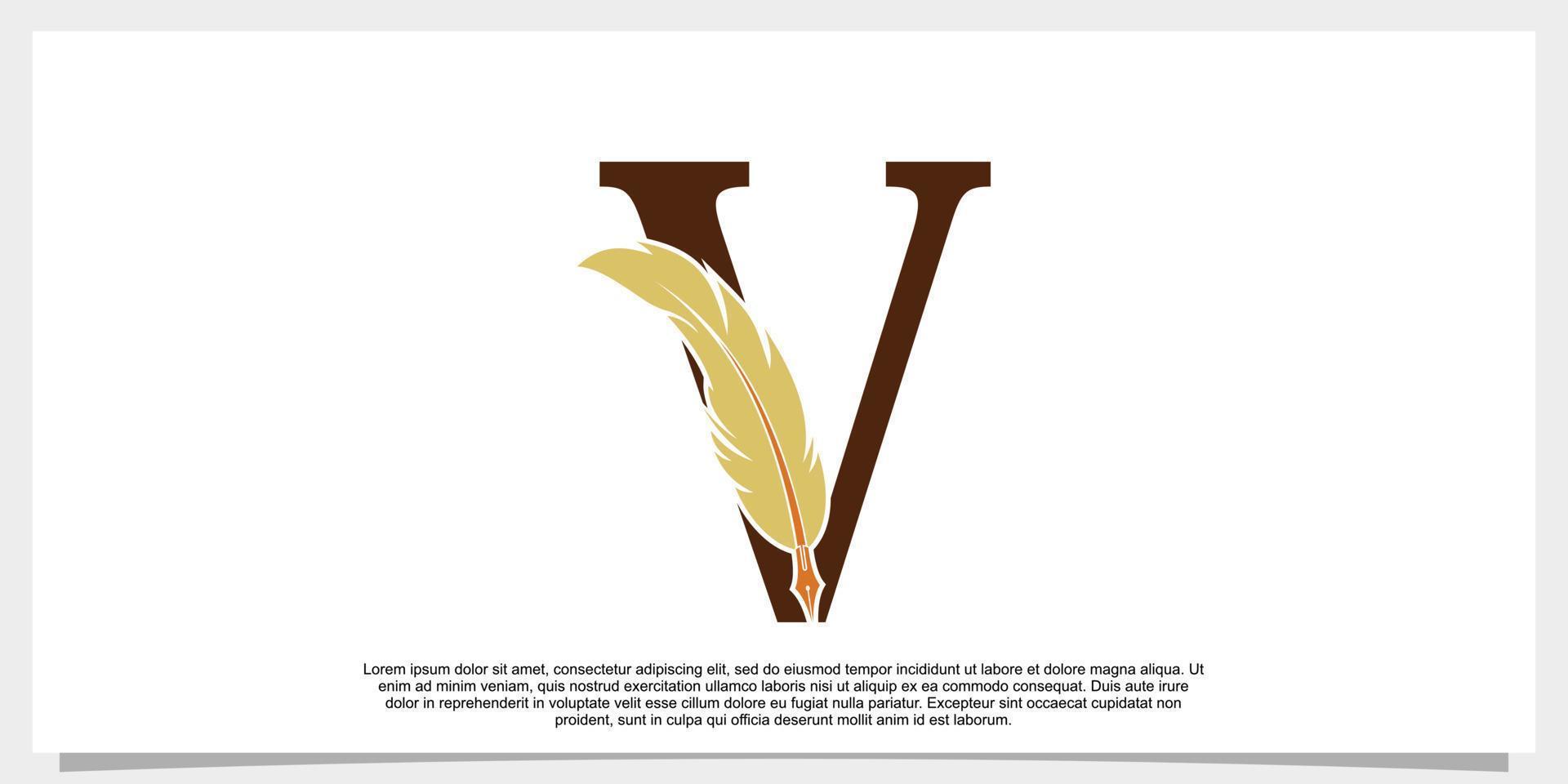 letter v feather logo design with feather pen icon concept vector