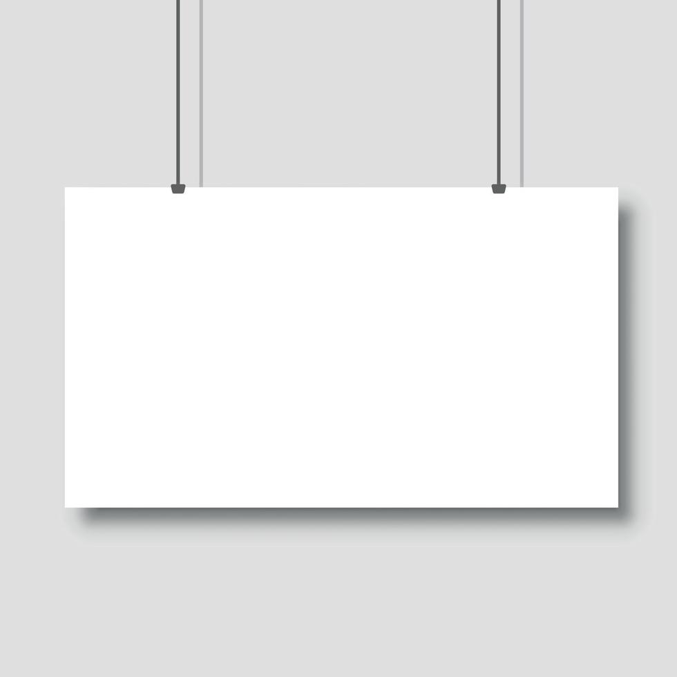 Template of white blank vector poster. Mockup hanging on the wall. Frame for paper sheet. Isolated on grey background. Vector illustration