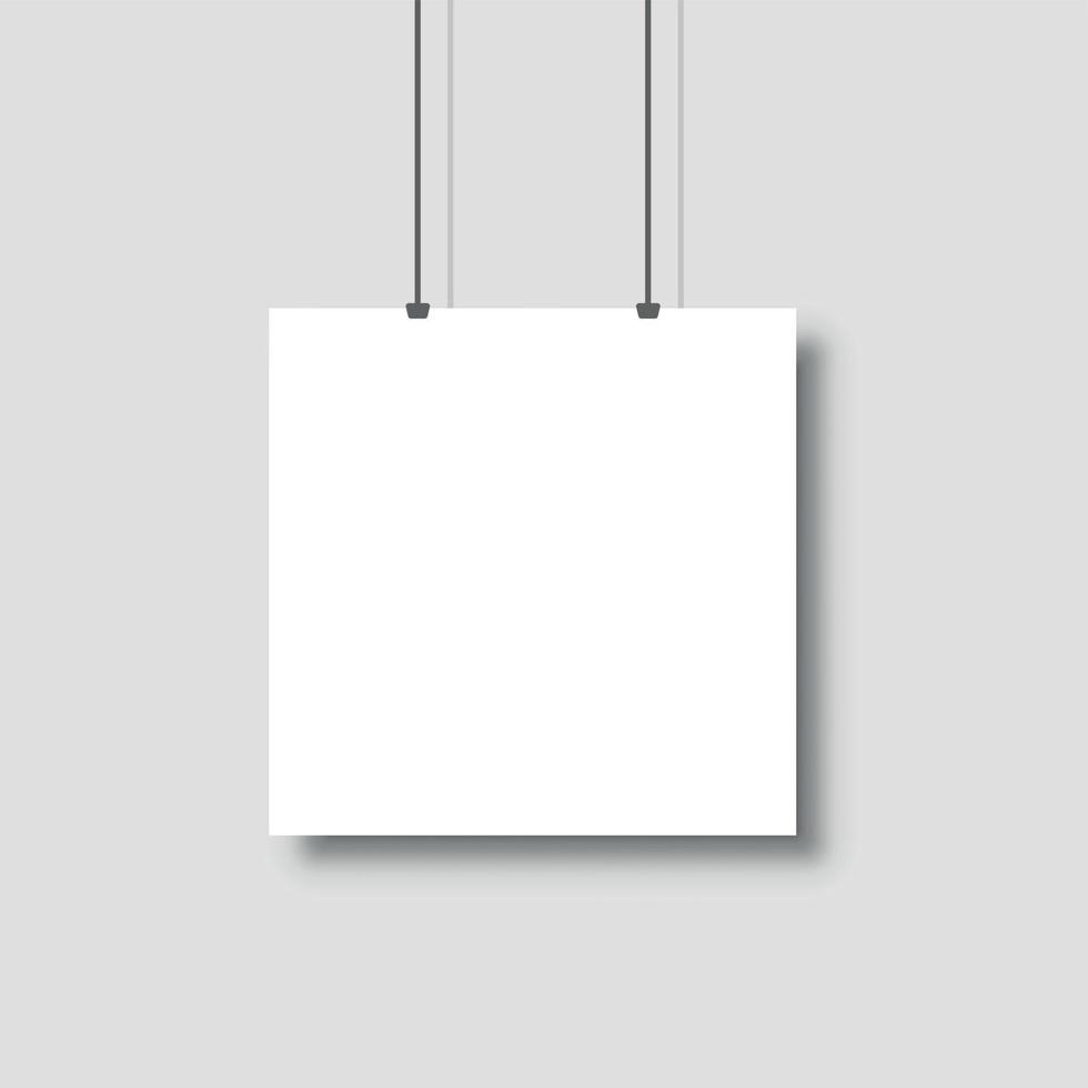 Poster binder clips. Simple poster mock up on grey grunge wall. Vertical  paper on binder clips. Place for text, photo, illusttation. Canvas. Flyer.  Business template. Stock Vector