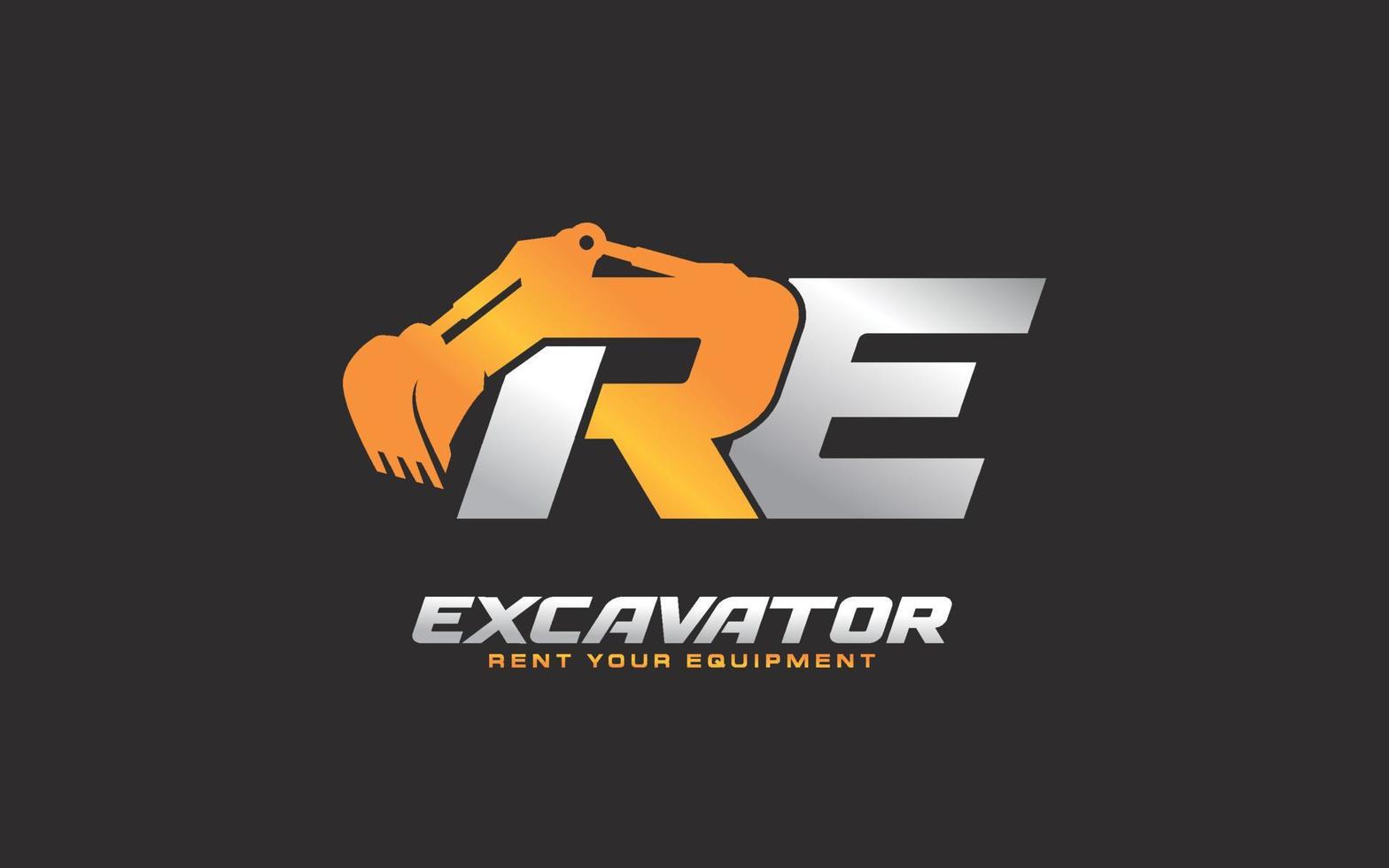 RE logo excavator for construction company. Heavy equipment template vector illustration for your brand.