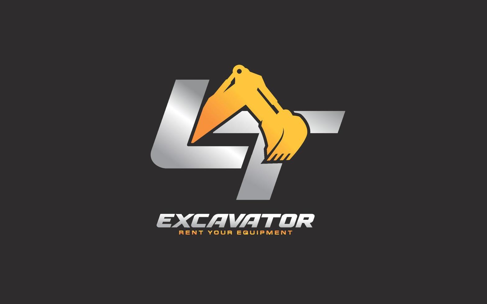 Excavadora de logotipo lt para empresa constructora. ilustración de vector de plantilla de equipo pesado para su marca.