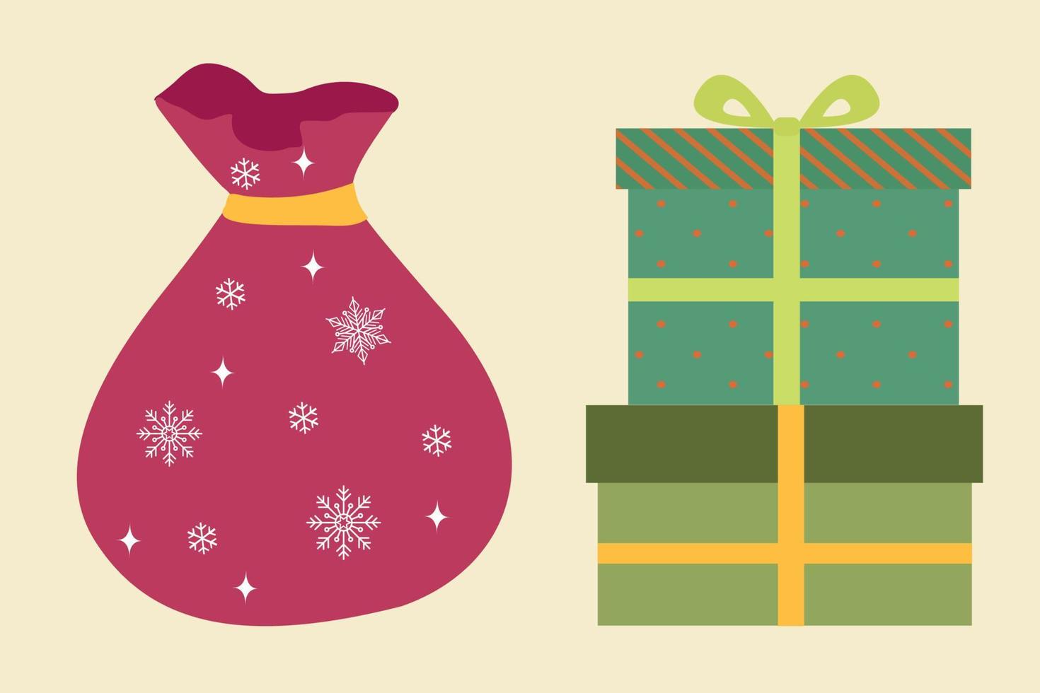 bolsa de regalo y cajas de regalo. regalos de navidad en la bolsa de santa. decoración para tarjetas de felicitación, carteles, rayas, emblemas. vector