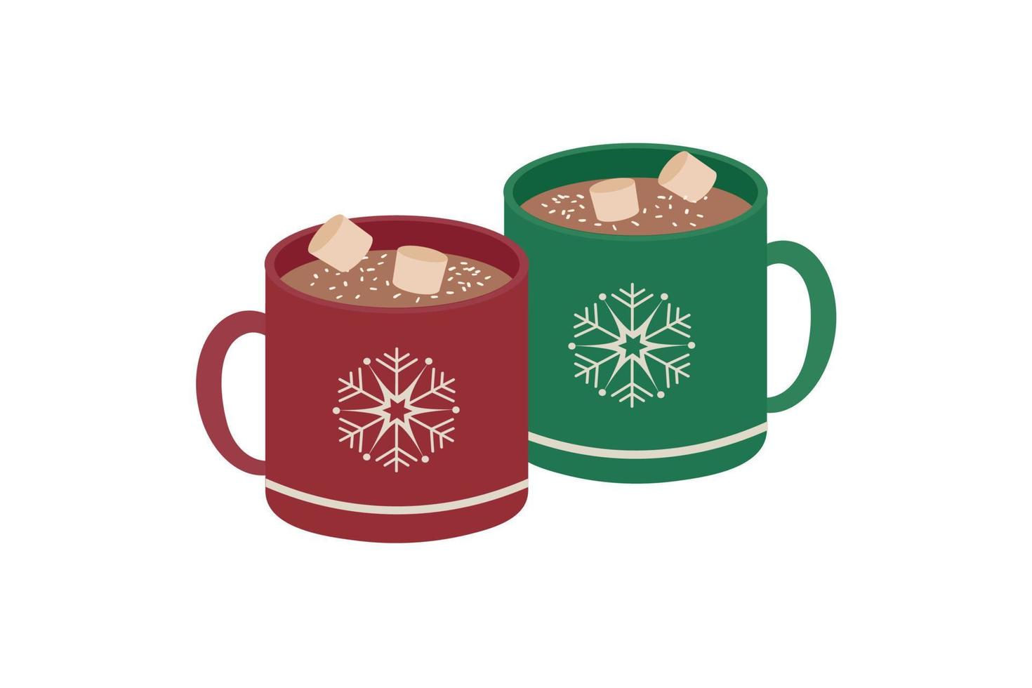 Hot chocolate with marshmallows. A cup with an ornament in the form of snowflakes and the inscription Merry Christmas. Vector illustration