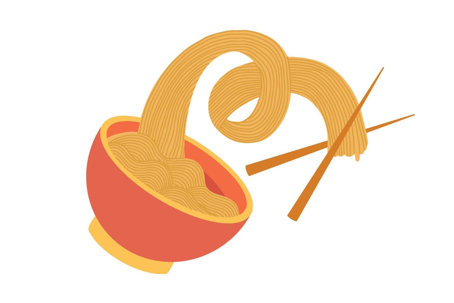 Food with oriental noodles. Asian noodles isolated on a white background, image of a traditional Chinese ramen restaurant with pasta and chopsticks, vector illustration.