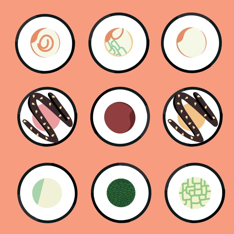 Vector icon set of yummy colored sushi rolls. Collection of different flavours and kinds. Traditional Japanese food. Asian seafood group. Template for sushi restaurant, cafe, delivery or your business