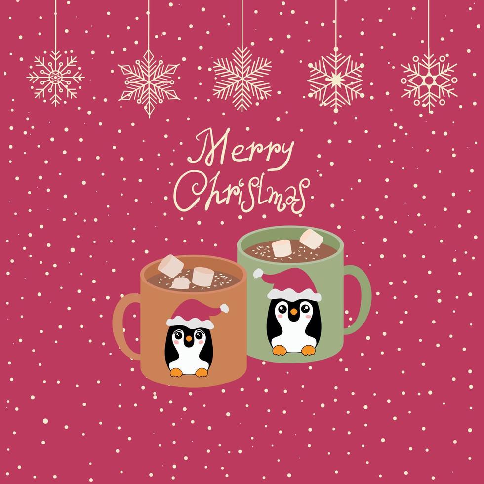 Beautiful Christmas card. Cute penguins in kawaii style on mugs vector