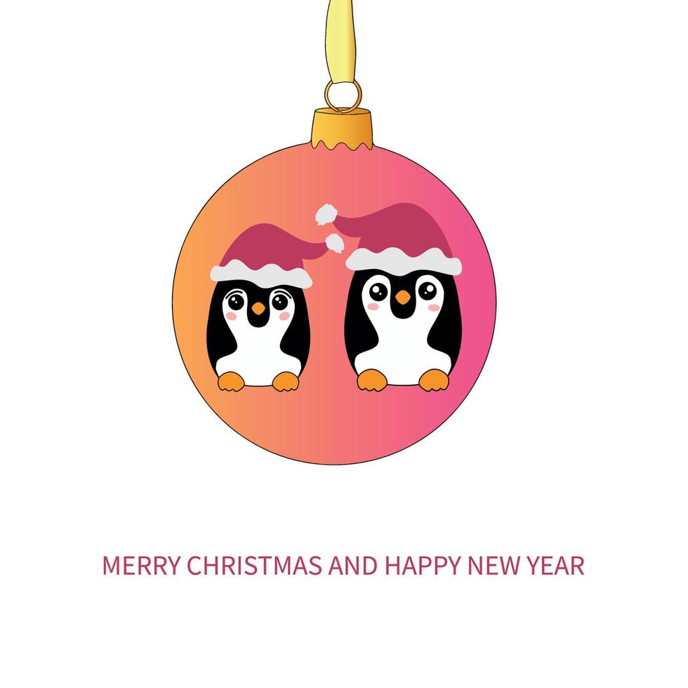 Beautiful Christmas card. Cute penguins in the style of kawaii. vector