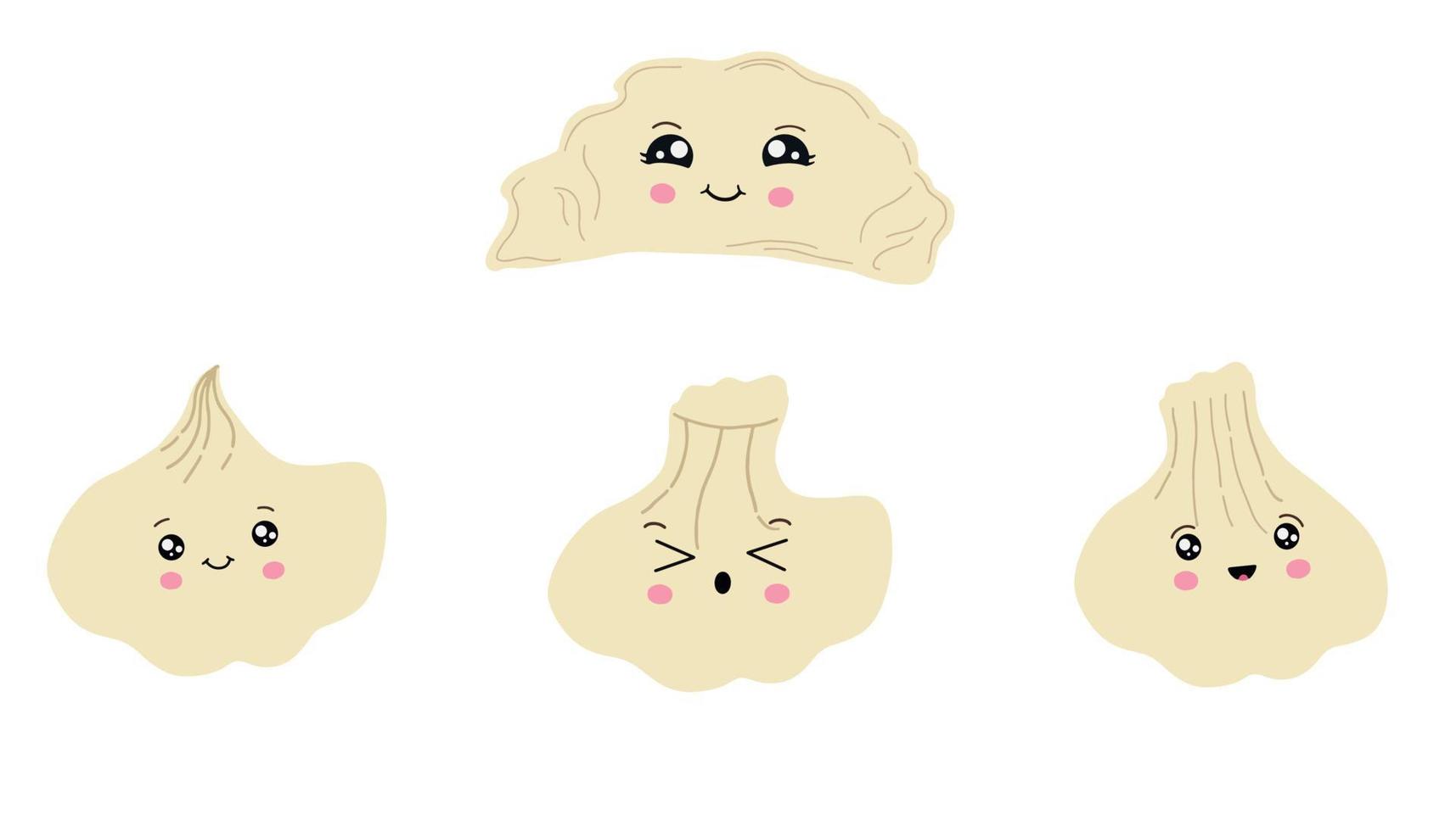 A set of cute dumplings in the style of kawaii. Vector illustration of Asian cuisine