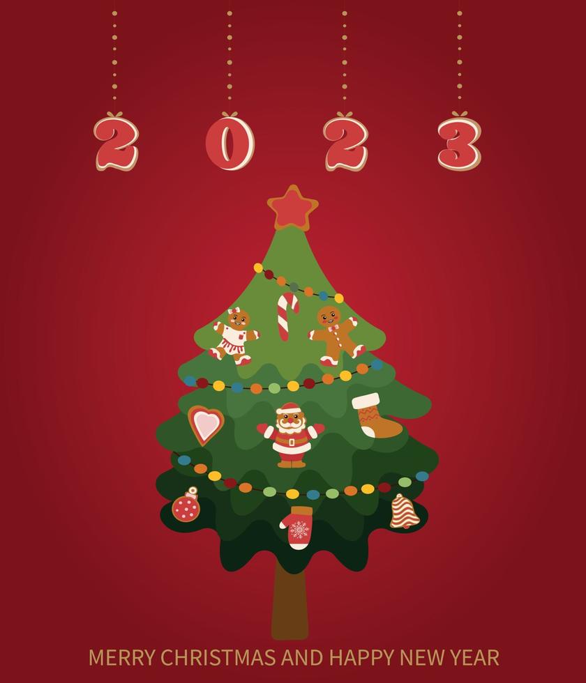 Festive Christmas tree decorated with gingerbread. Christmas greeting card vector