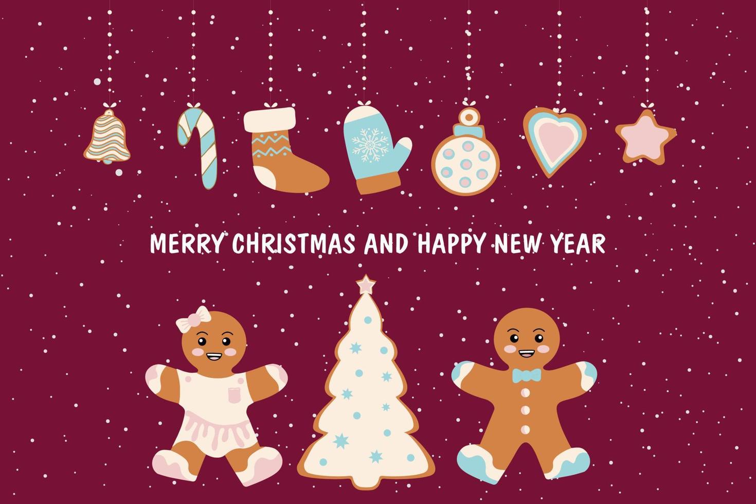 New Year's card. Christmas decorations in the form of gingerbread cookies. Happy New Year and Merry Christmas. Vector illustration on a pink background