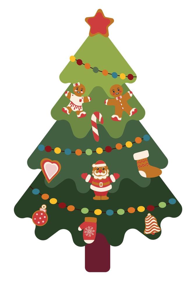 A festive Christmas tree decorated with gingerbread. Christmas tree vector