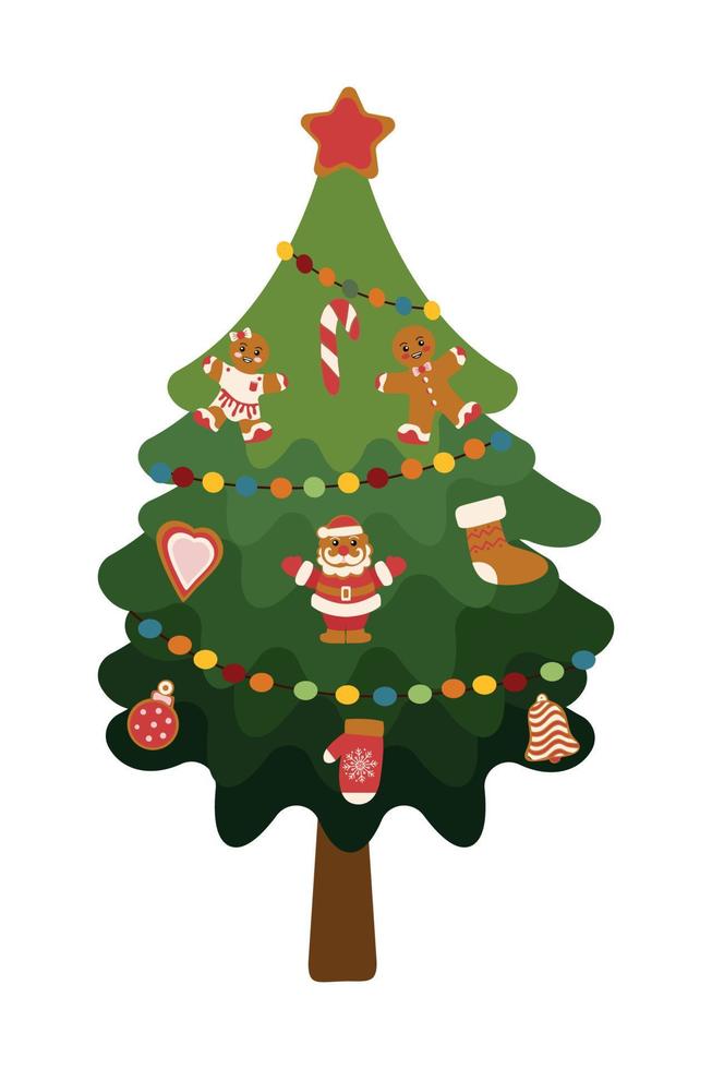 A festive Christmas tree decorated with gingerbread. Christmas tree vector