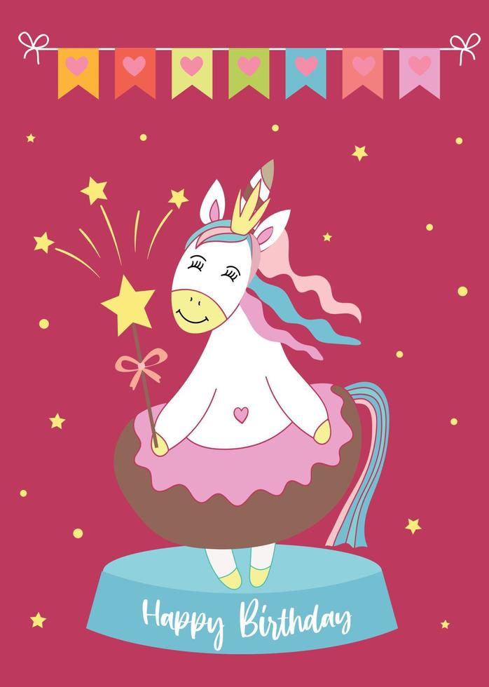 Postcard with a princess unicorn, happy birthday. Vector illustration illustration on a green background.