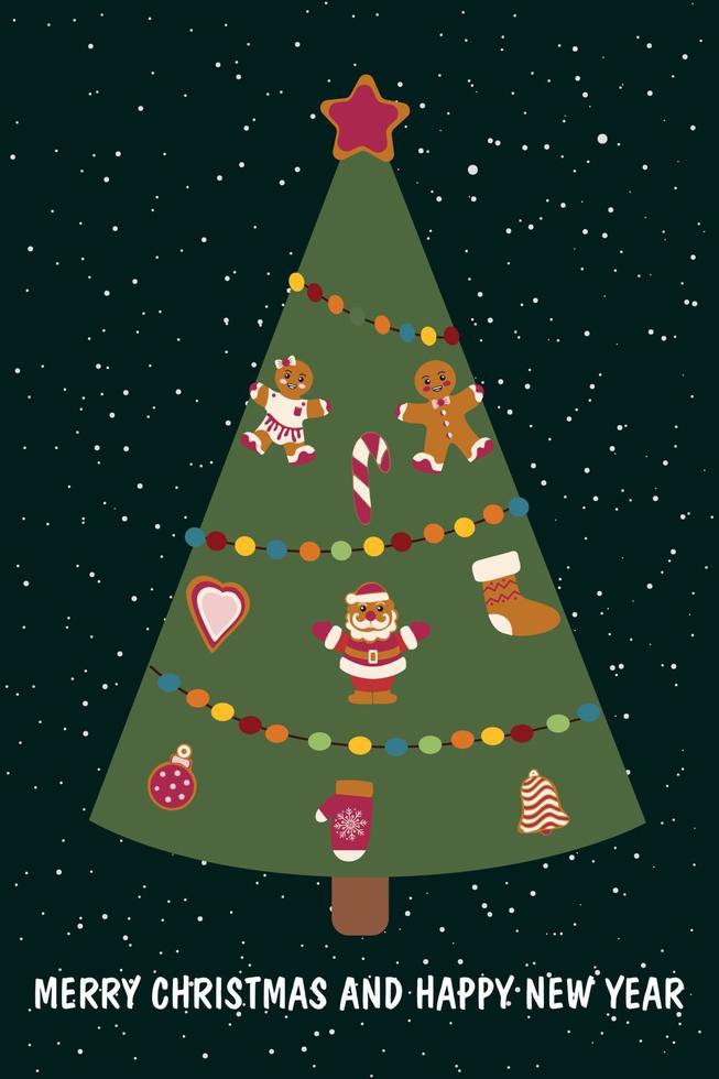 Festive Christmas tree decorated with gingerbread. Christmas greeting card vector