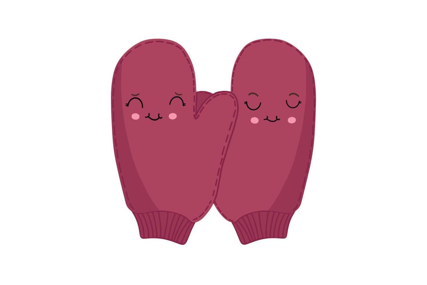 Pink knitted flat mittens with cute emoticons. Isolated vector