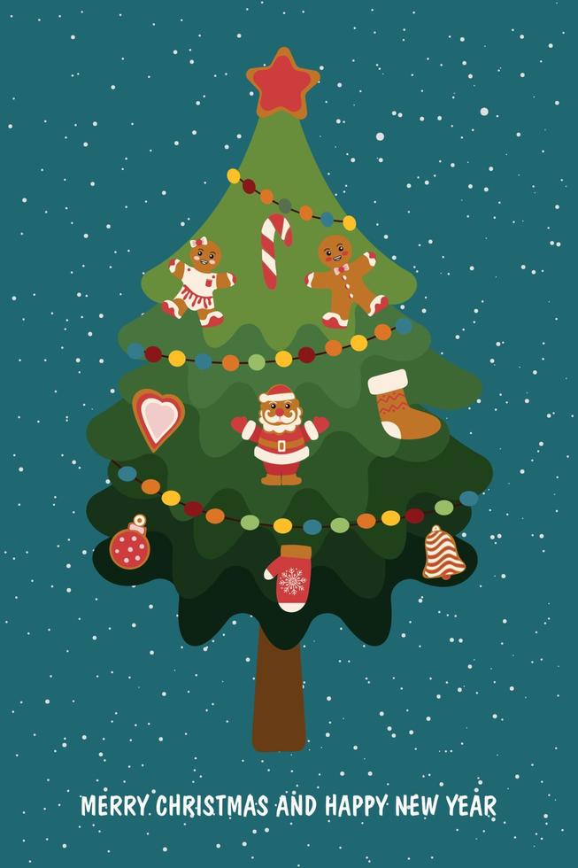 Festive Christmas tree decorated with gingerbread. Christmas greeting card vector