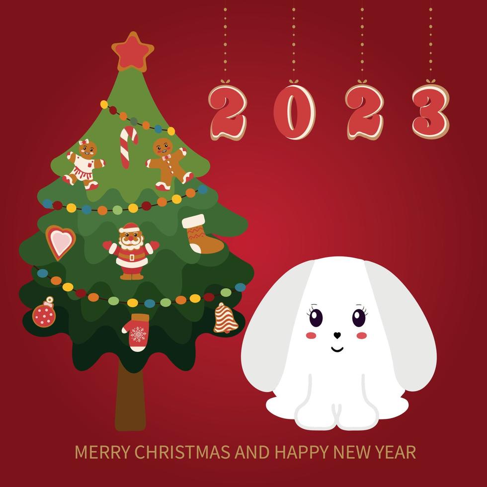 2023 is the year of the rabbit. Cute Christmas bunny at the Christmas tree. Vector illustration.