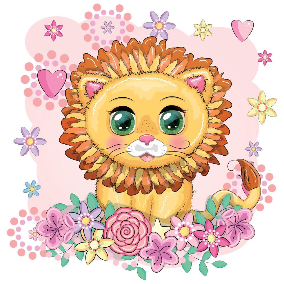Cartoon lion with expressive eyes. Wild animals, character, childish cute style. vector