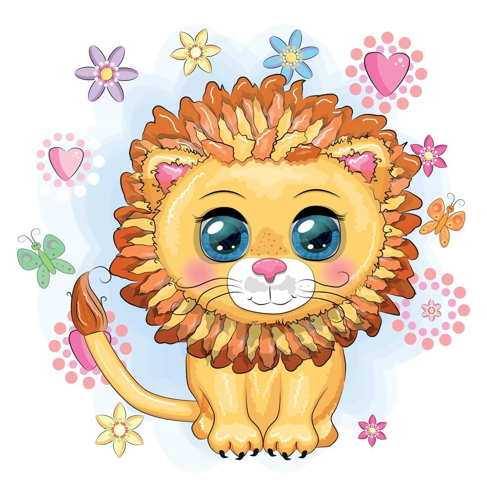 león de dibujos animados con ojos expresivos. animales salvajes, carácter, estilo lindo infantil. vector