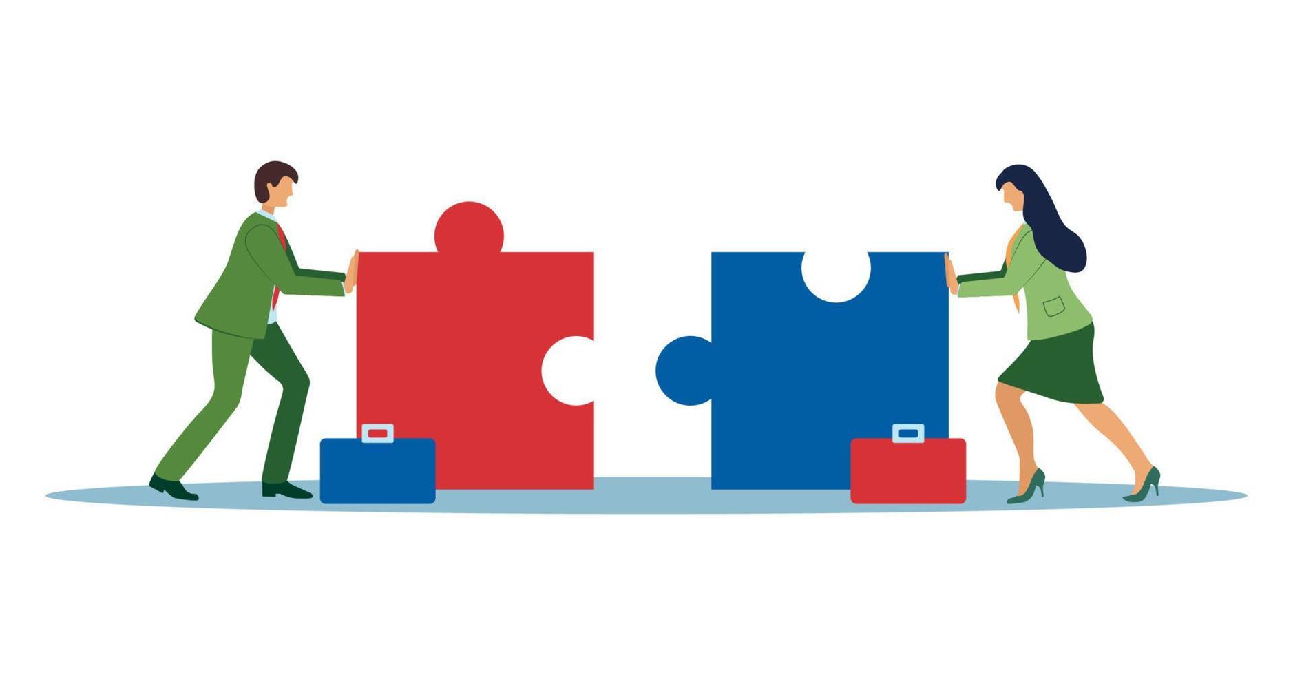 Business concept. Team metaphor. people connecting puzzle elements. flat design style. Symbol of cooperation vector