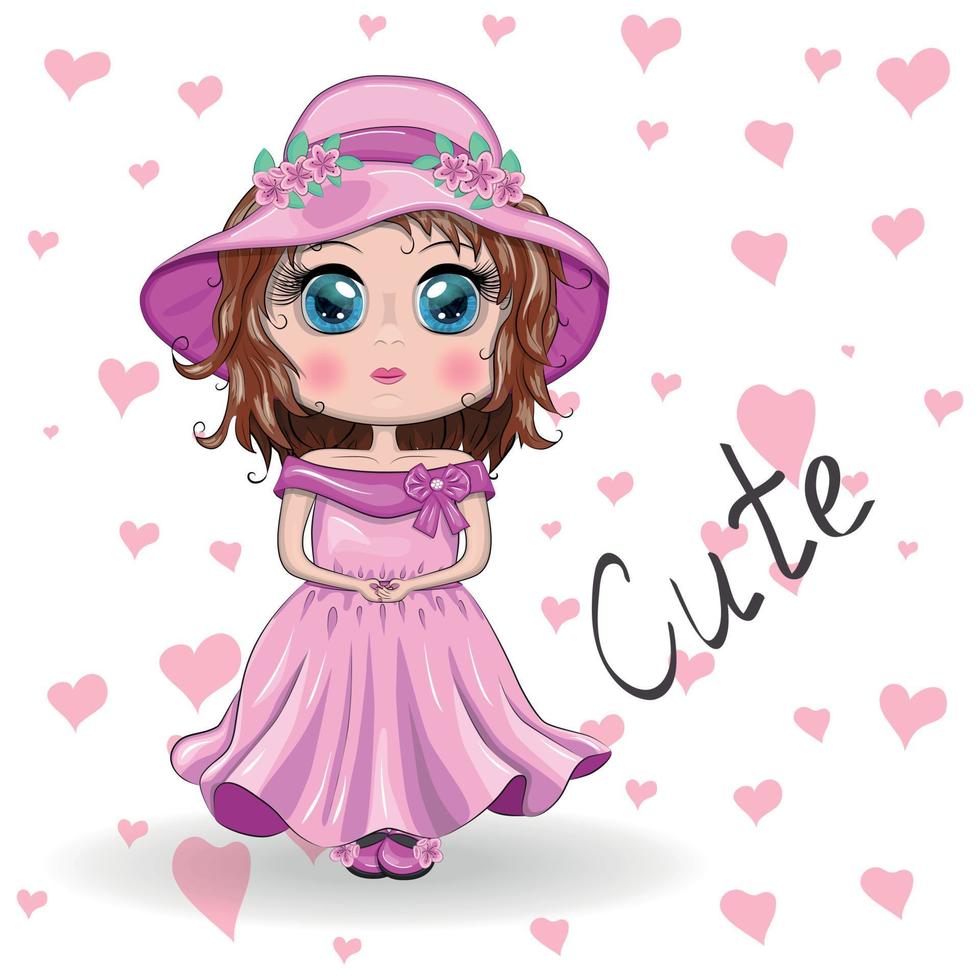 Beautiful princess standing in beautiful long pink dress. vector