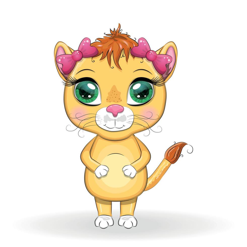 león de dibujos animados con ojos expresivos. animales salvajes, carácter, estilo lindo infantil. vector