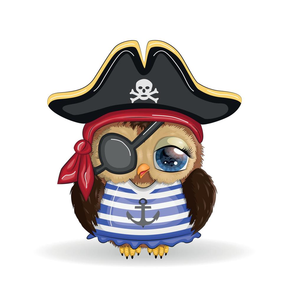 pirata búho, personaje de dibujos animados del juego, un pájaro en un pañuelo y un sombrero de tres picos con una calavera, con un parche en el ojo. personaje con ojos brillantes. vector