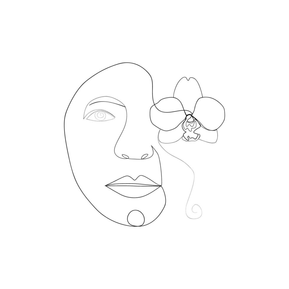 Woman face with flowers one line drawing. Half of the face is a flower. Continuous line drawing art. Nature cosmetics. vector