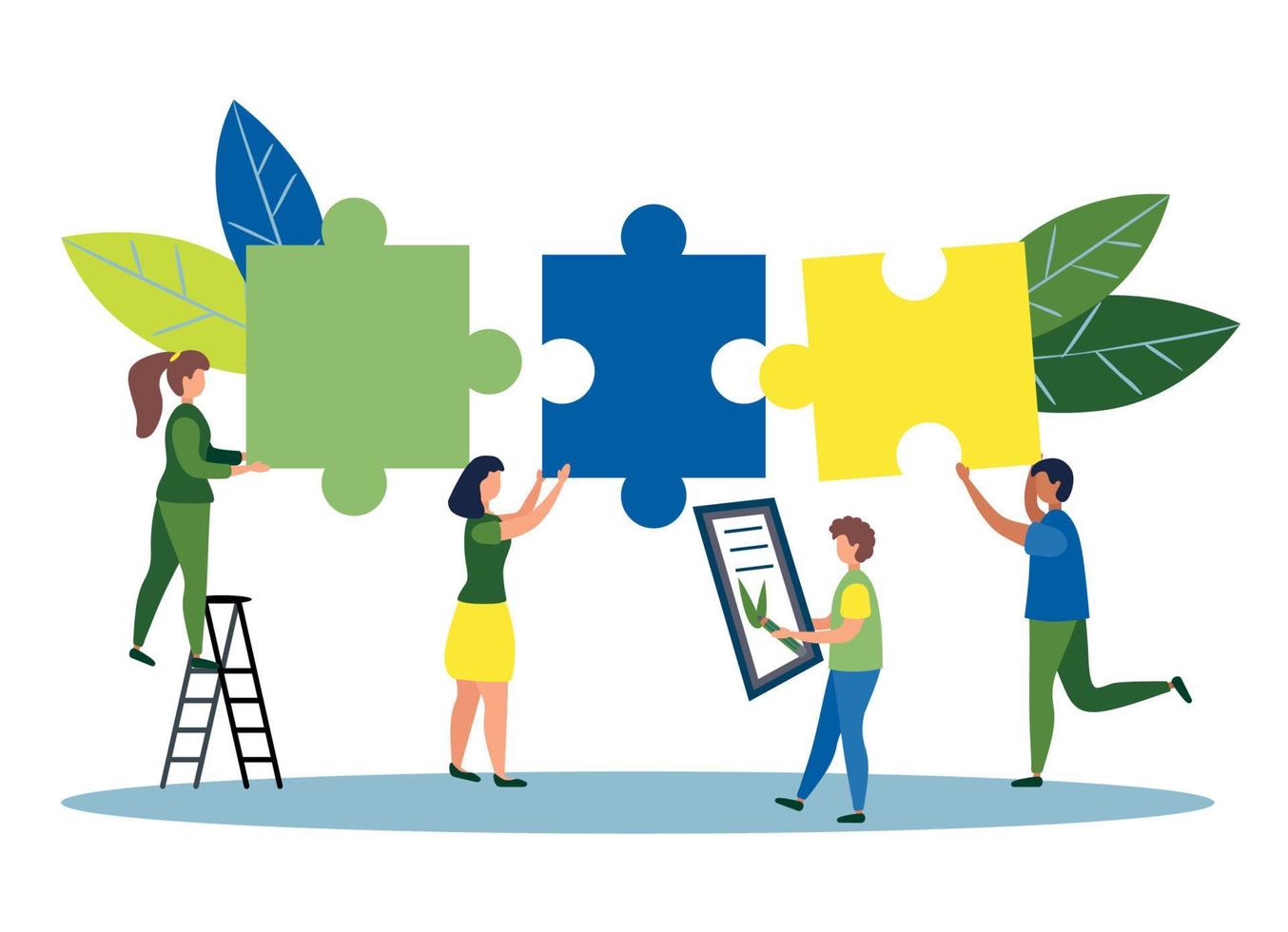Business concept. Team metaphor. people connecting puzzle elements. flat design style. Symbol of cooperation vector