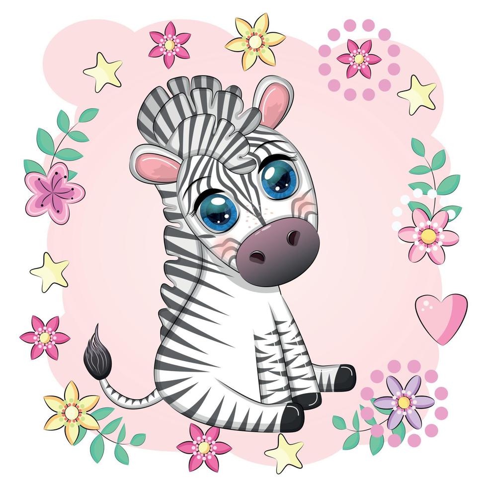 Cute cartoon zebra sits in flowers. Childish striped character, African animals vector