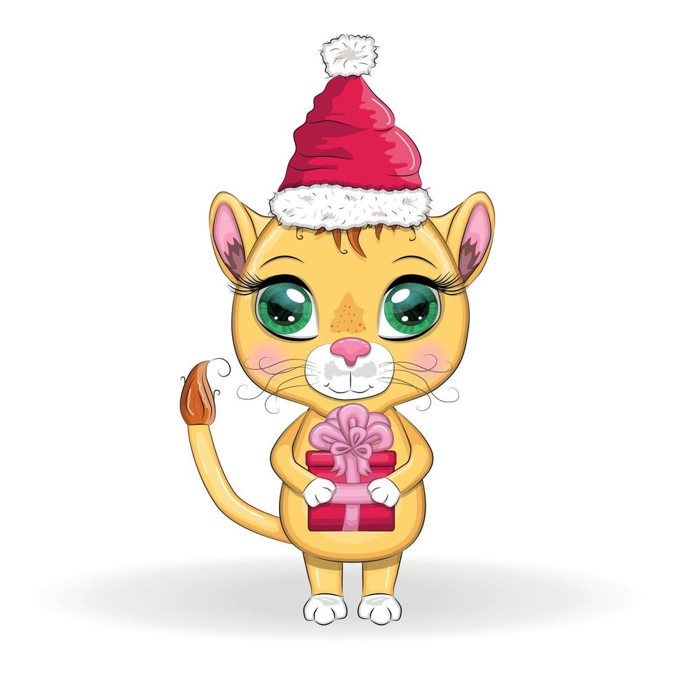 Merry Christmas and Happy New year. Funny lion in red hat with gift in cartoon style. Greeting card. vector