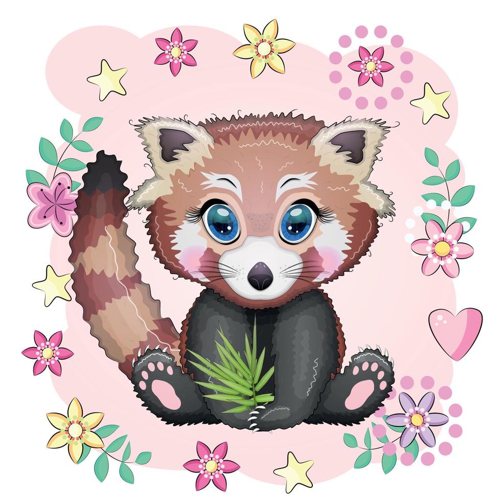 Red panda, cute character with beautiful eyes, bright childish style. Rare animals, red book, bear. vector
