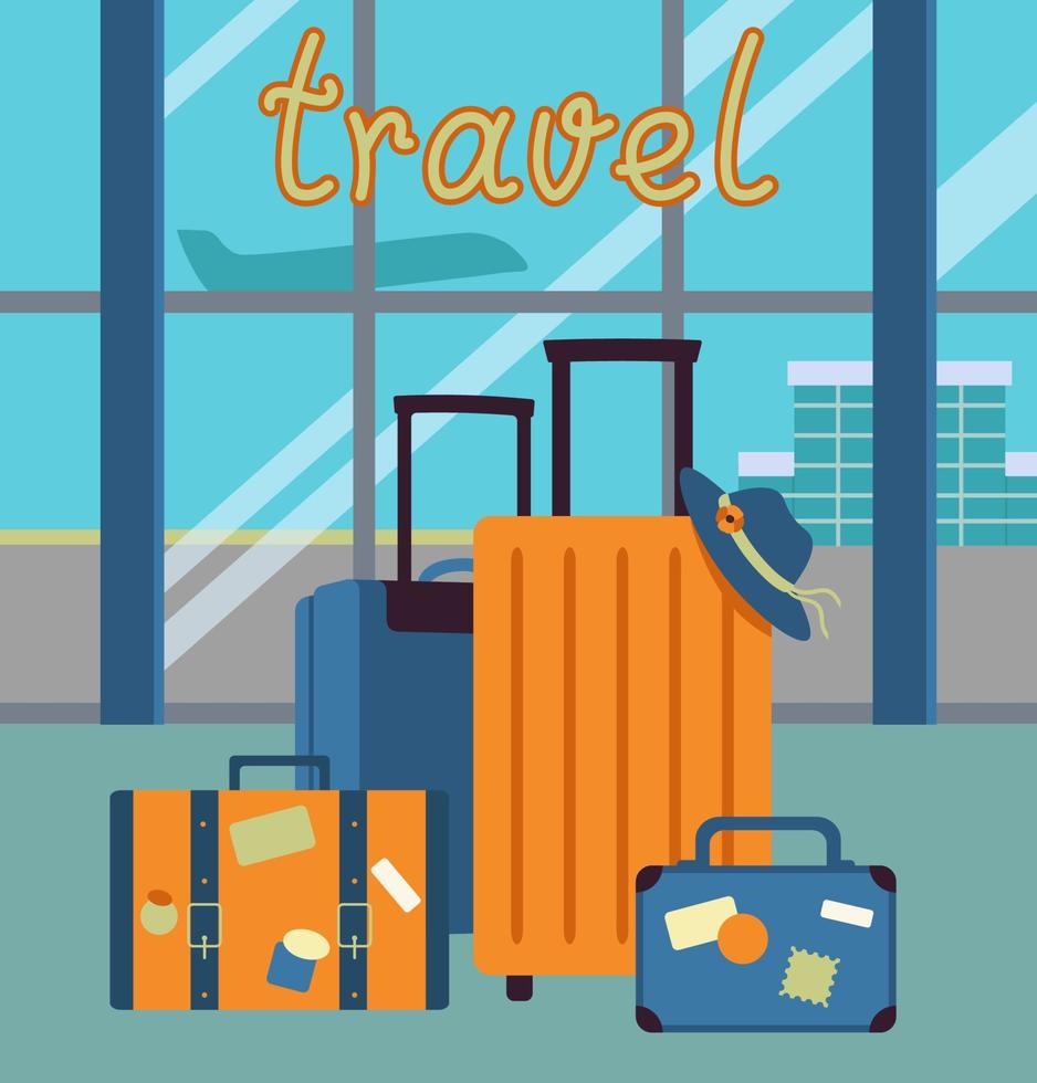 Banner With Suitcases In The Airport Concept For Travel, Flight Vector Illustration In Flat Style