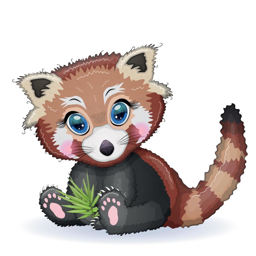 Red panda, cute character with bamboo leaves, greeting card, bright childish style. Rare animals, red book, bear vector