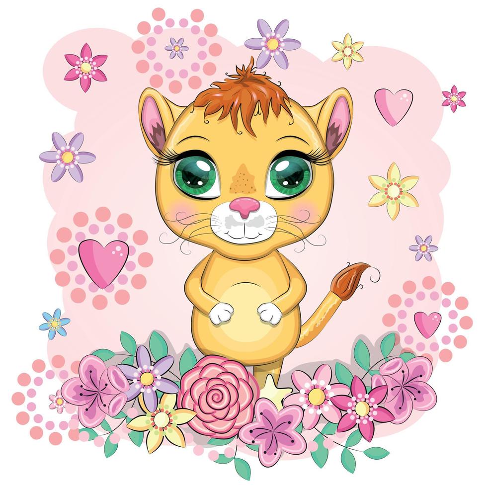 leona de dibujos animados con ojos expresivos. animales salvajes, carácter, estilo lindo infantil. vector