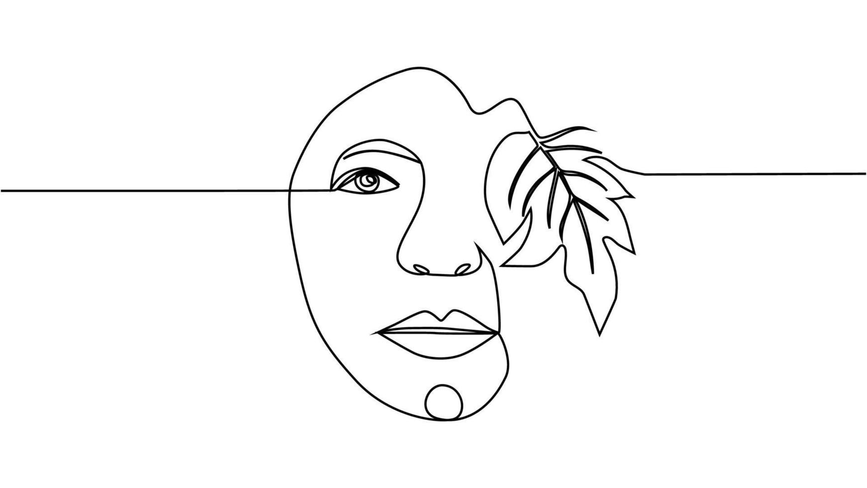 Woman face with flowers one line drawing. Continuous line drawing art. Flower bouquet in woman vector