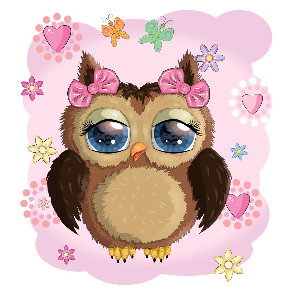 Cute Cartoon Owl on a meadow with flowers and butterflies vector